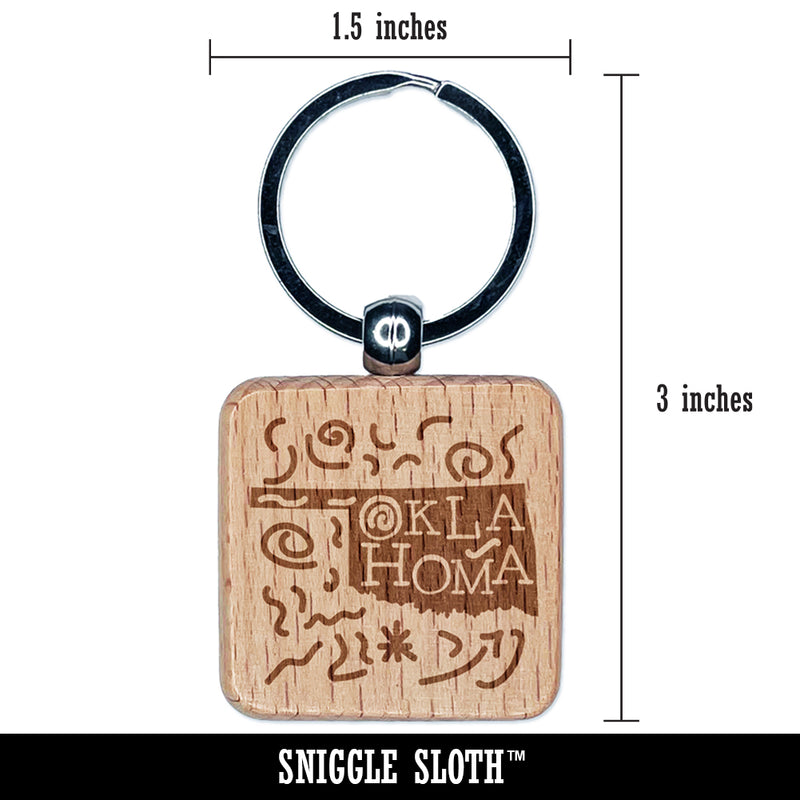 Oklahoma State with Text Swirls Engraved Wood Square Keychain Tag Charm