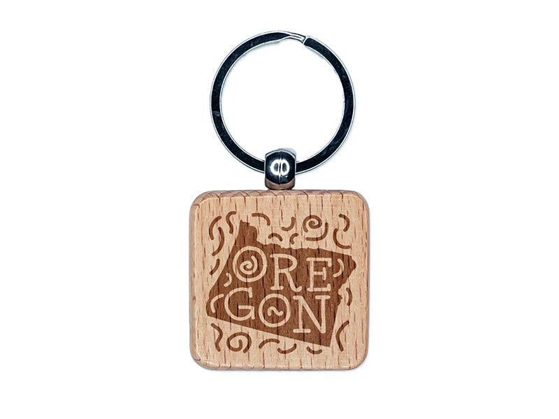 Oregon State with Text Swirls Engraved Wood Square Keychain Tag Charm