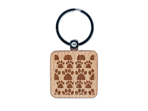 Paw Print Pattern Background Engraved Wood Square Keychain Tag Charm