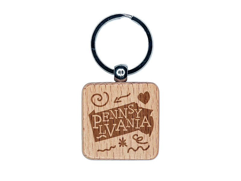 Pennsylvania State with Text Swirls Engraved Wood Square Keychain Tag Charm