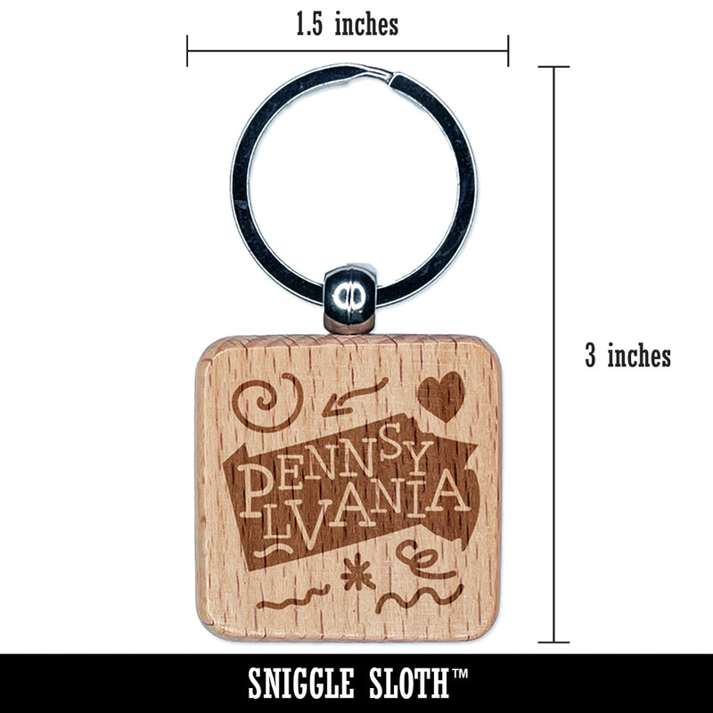 Pennsylvania State with Text Swirls Engraved Wood Square Keychain Tag Charm