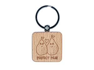Perfect Pear Pair Love Doodle Engraved Wood Square Keychain Tag Charm