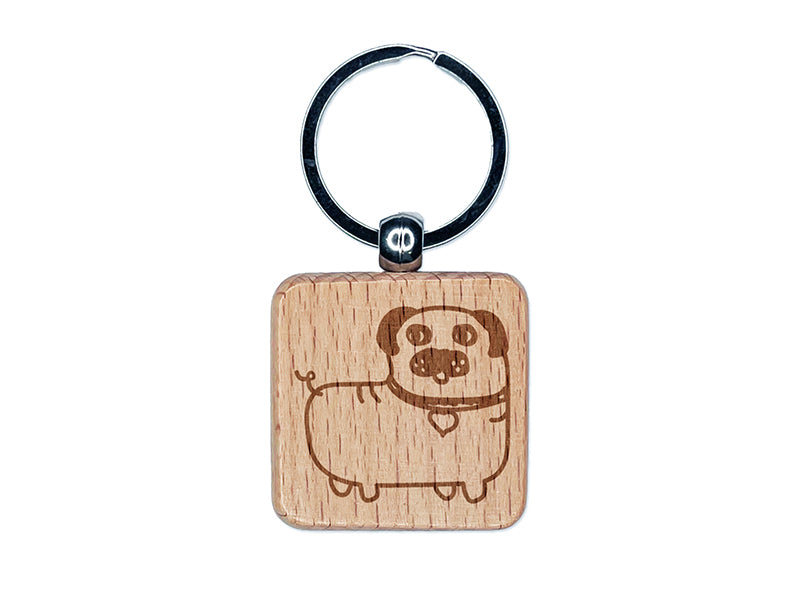Pug Heart Collar Cute Doodle Engraved Wood Square Keychain Tag Charm