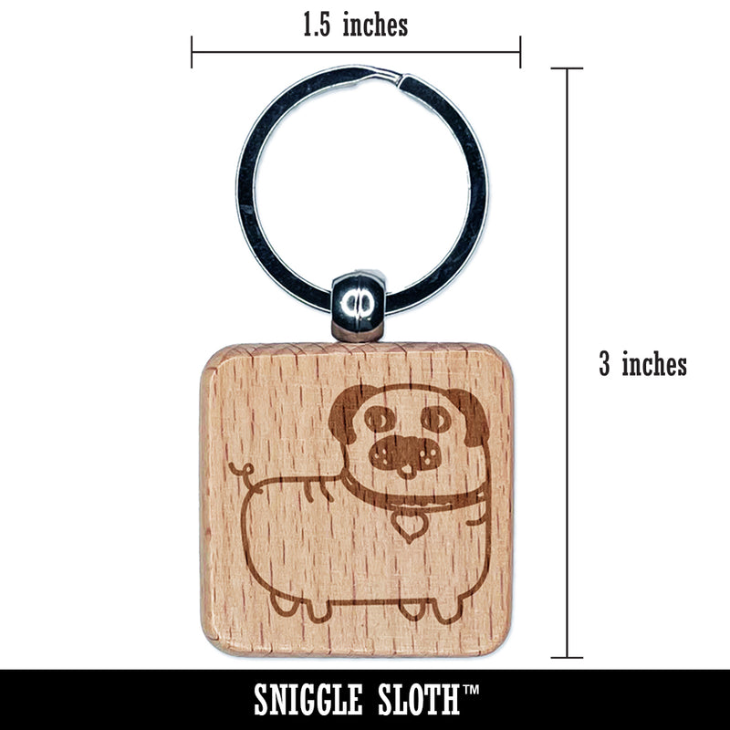 Pug Heart Collar Cute Doodle Engraved Wood Square Keychain Tag Charm