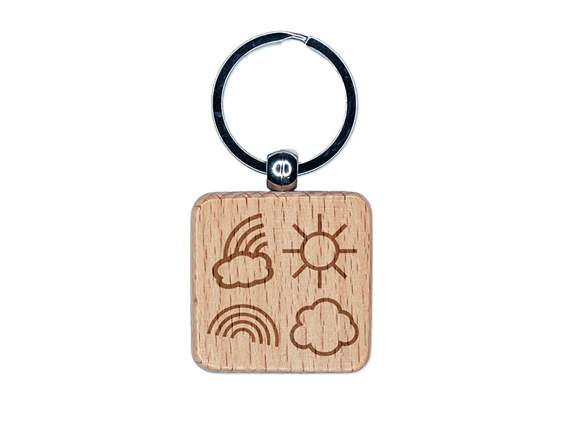 Rainbow Clouds Sun Medley Engraved Wood Square Keychain Tag Charm