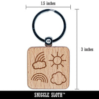 Rainbow Clouds Sun Medley Engraved Wood Square Keychain Tag Charm