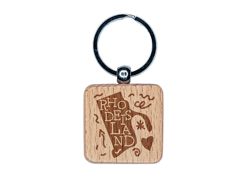 Rhode Island with Text Swirls Engraved Wood Square Keychain Tag Charm