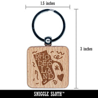 Rhode Island with Text Swirls Engraved Wood Square Keychain Tag Charm