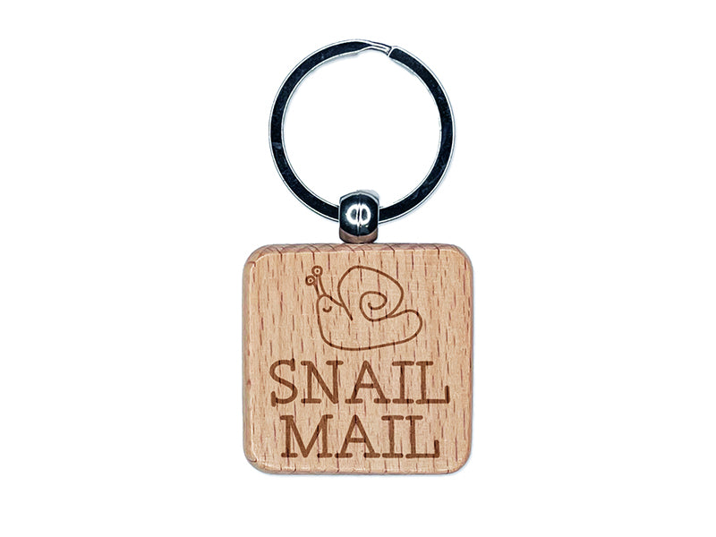 Snail Mail Cute Doodle Engraved Wood Square Keychain Tag Charm