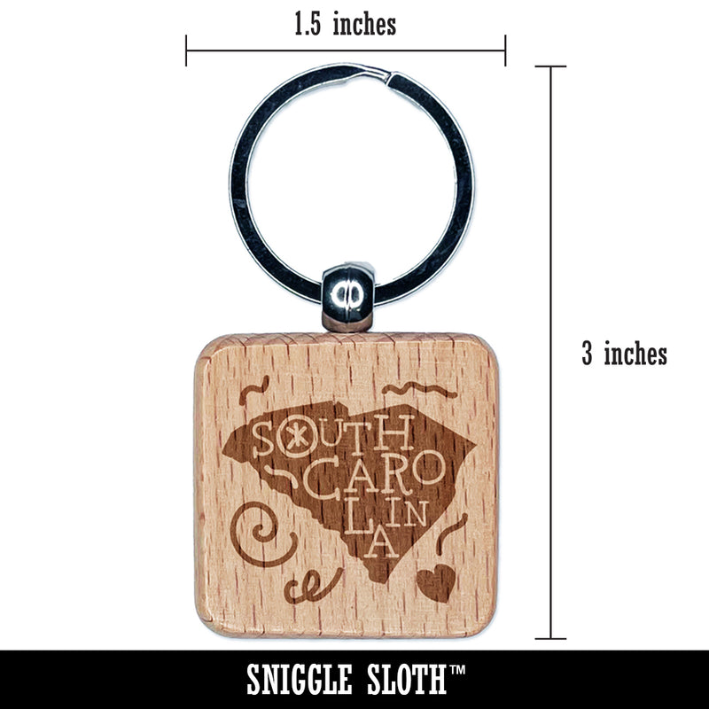 South Carolina State with Text Swirls Engraved Wood Square Keychain Tag Charm