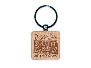 South Dakota State with Text Swirls Engraved Wood Square Keychain Tag Charm