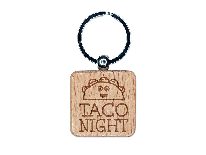 Taco Night Cute Doodle Engraved Wood Square Keychain Tag Charm