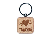 Teacher Love Heart Engraved Wood Square Keychain Tag Charm