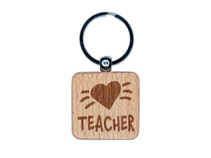 Teacher Love Heart Engraved Wood Square Keychain Tag Charm