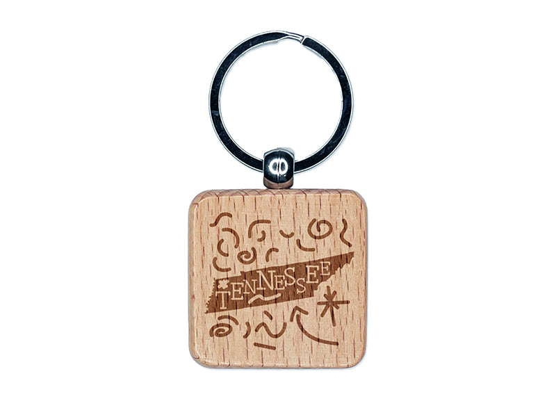 Tennessee State with Text Swirls Engraved Wood Square Keychain Tag Charm