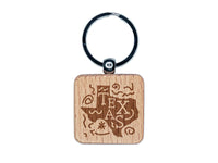 Texas State with Text Swirls Engraved Wood Square Keychain Tag Charm