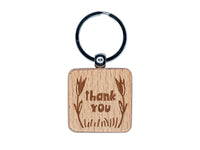 Thank You Flowers Border Engraved Wood Square Keychain Tag Charm