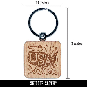 USA United States America Country with Text Swirls Engraved Wood Square Keychain Tag Charm