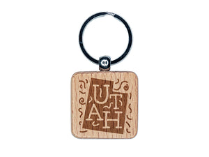 Utah State with Text Swirls Engraved Wood Square Keychain Tag Charm