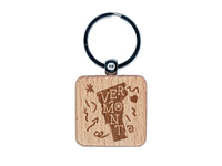 Vermont State with Text Swirls Engraved Wood Square Keychain Tag Charm