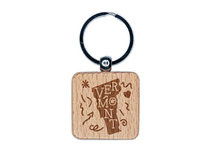 Vermont State with Text Swirls Engraved Wood Square Keychain Tag Charm