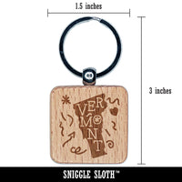 Vermont State with Text Swirls Engraved Wood Square Keychain Tag Charm