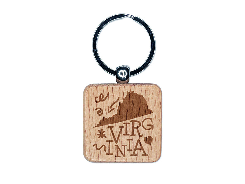 Virginia State with Text Swirls Engraved Wood Square Keychain Tag Charm