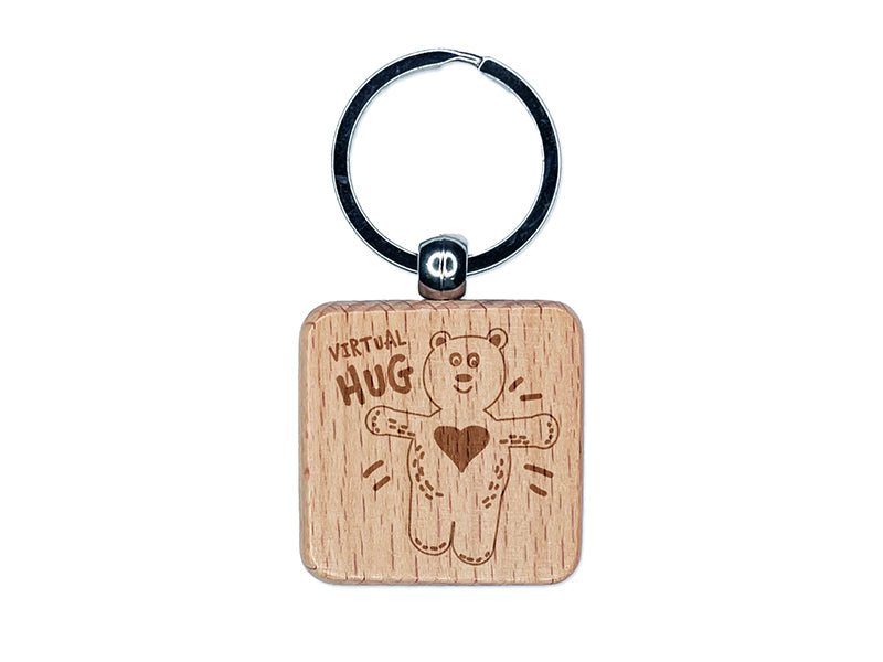 Virtual Hug Love Bear Cute Engraved Wood Square Keychain Tag Charm