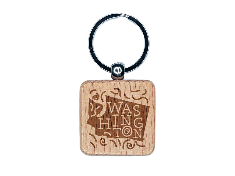 Washington State with Text Swirls Engraved Wood Square Keychain Tag Charm