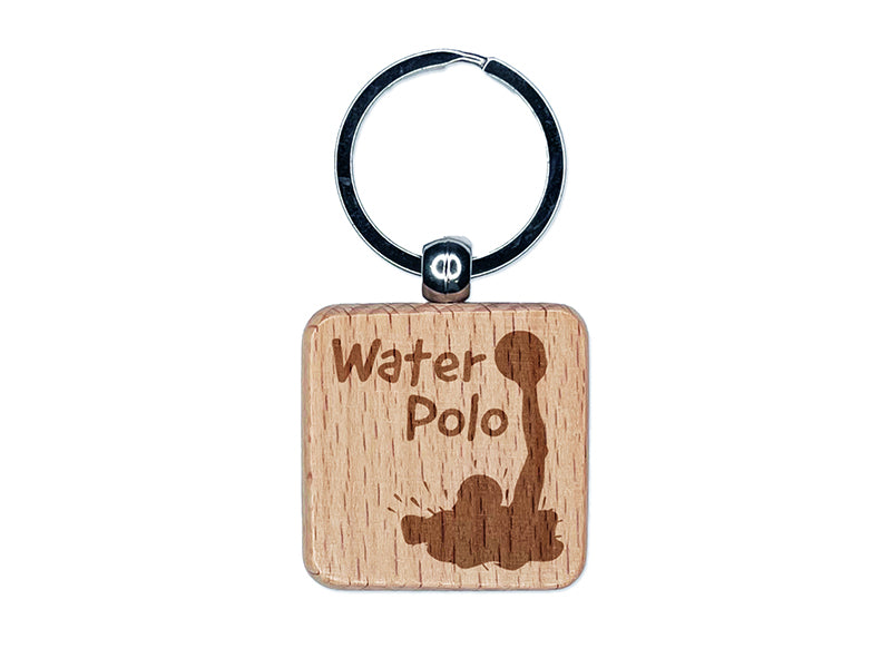 Water Polo Player in Water Fun Text Engraved Wood Square Keychain Tag Charm