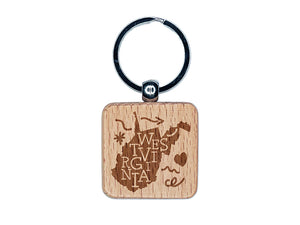 West Virginia State with Text Swirls Engraved Wood Square Keychain Tag Charm