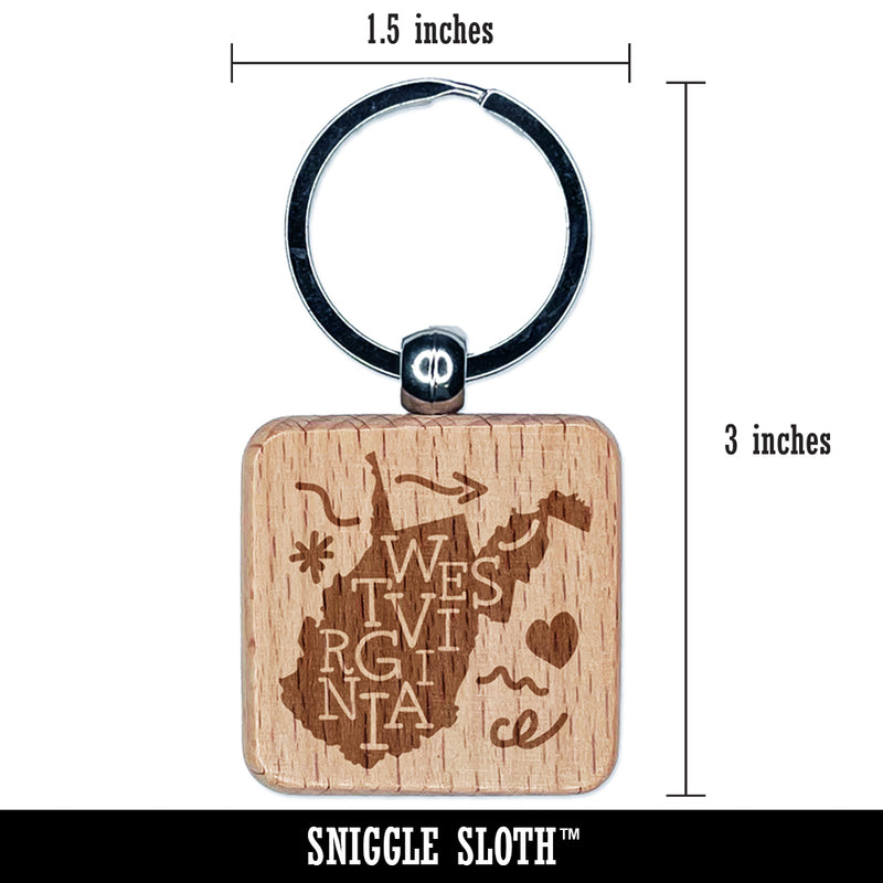 West Virginia State with Text Swirls Engraved Wood Square Keychain Tag Charm