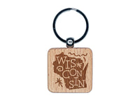 Wisconsin State with Text Swirls Engraved Wood Square Keychain Tag Charm