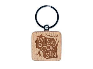 Wisconsin State with Text Swirls Engraved Wood Square Keychain Tag Charm