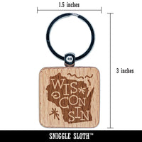 Wisconsin State with Text Swirls Engraved Wood Square Keychain Tag Charm