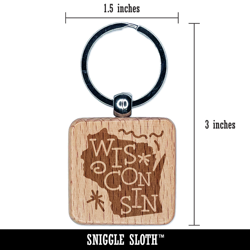 Wisconsin State with Text Swirls Engraved Wood Square Keychain Tag Charm