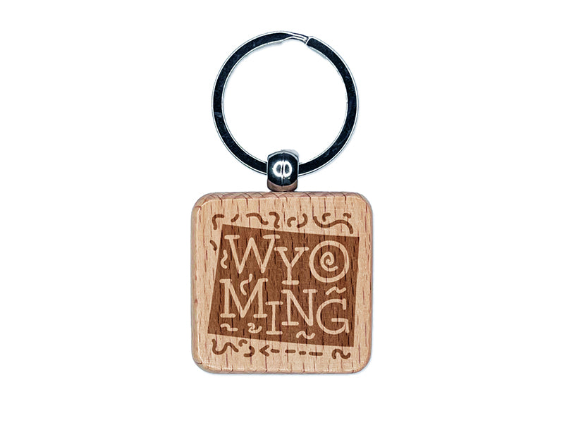 Wyoming State with Text Swirls Engraved Wood Square Keychain Tag Charm
