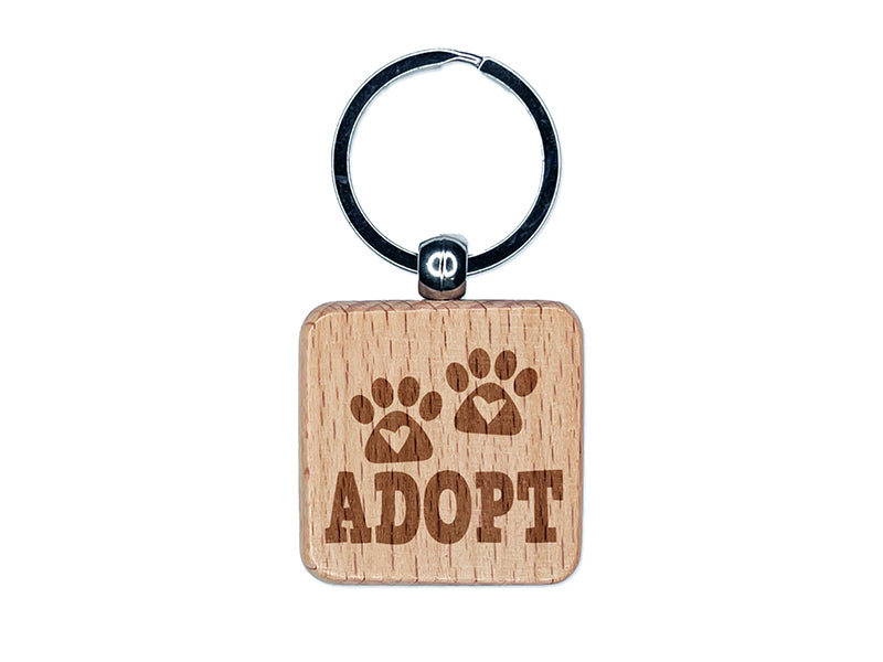 Adopt Dog Cat Paw Prints Hearts Love Fun Text Engraved Wood Square Keychain Tag Charm
