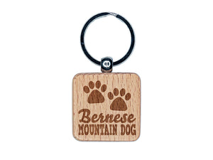 Bernese Mountain Dog Paw Prints Fun Text Engraved Wood Square Keychain Tag Charm