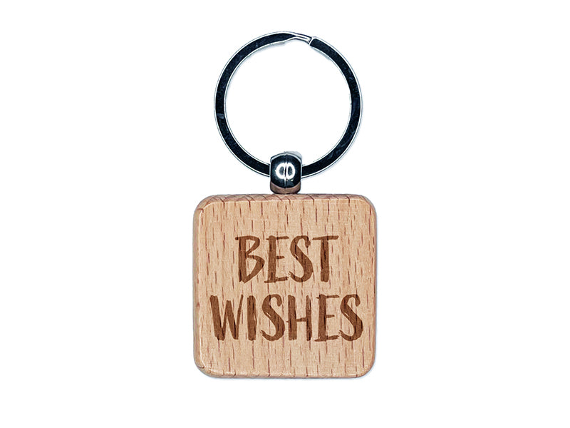 Best Wishes Sketchy Fun Text Engraved Wood Square Keychain Tag Charm