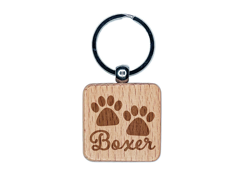 Boxer Dog Paw Prints Fun Text Engraved Wood Square Keychain Tag Charm