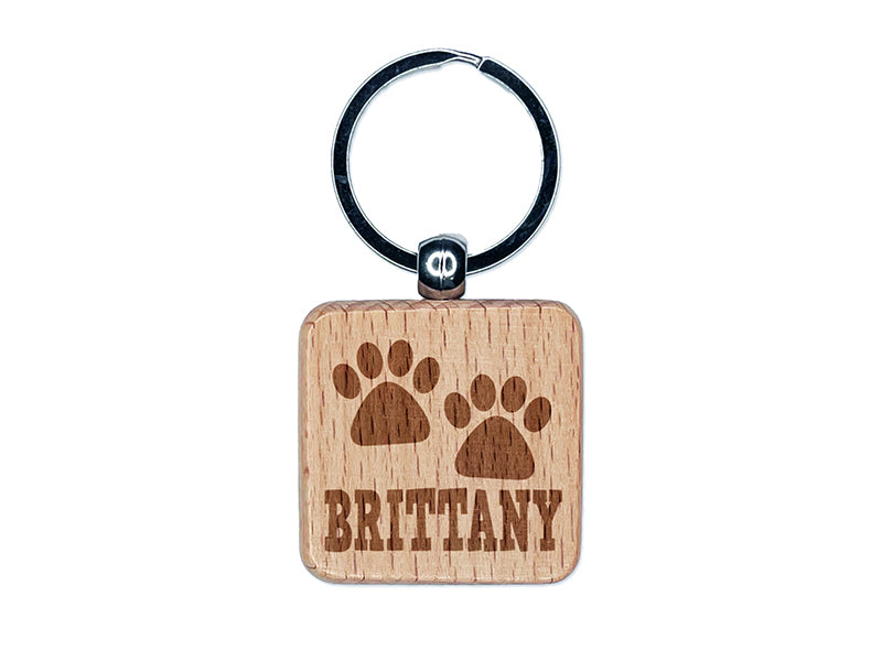 Brittany Dog Paw Prints Fun Text Engraved Wood Square Keychain Tag Charm
