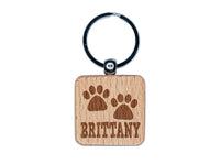 Brittany Dog Paw Prints Fun Text Engraved Wood Square Keychain Tag Charm