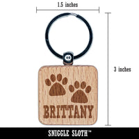 Brittany Dog Paw Prints Fun Text Engraved Wood Square Keychain Tag Charm