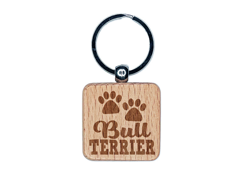 Bull Terrier Dog Paw Prints Fun Text Engraved Wood Square Keychain Tag Charm