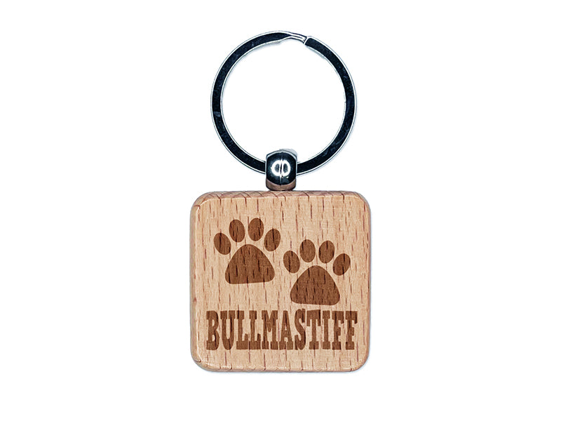 Bullmastiff Dog Paw Prints Fun Text Engraved Wood Square Keychain Tag Charm