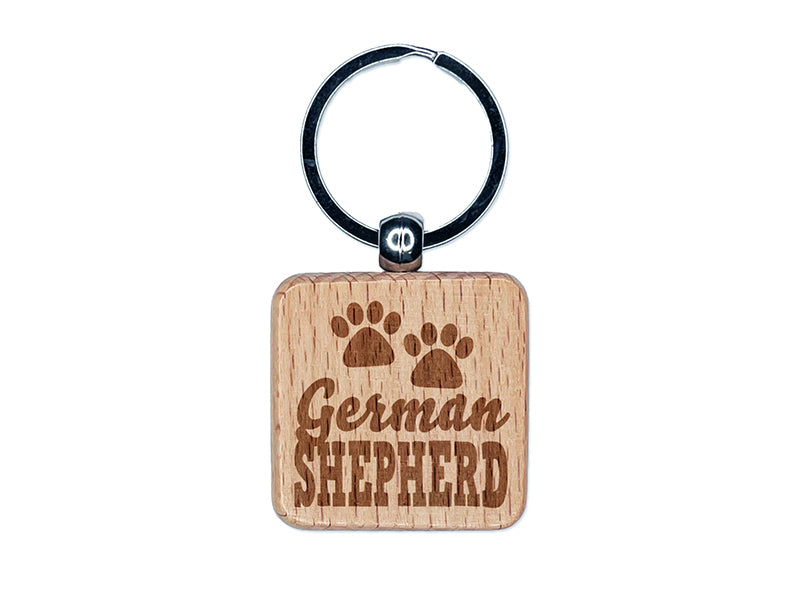 German Shepherd Dog Paw Prints Fun Text Engraved Wood Square Keychain Tag Charm