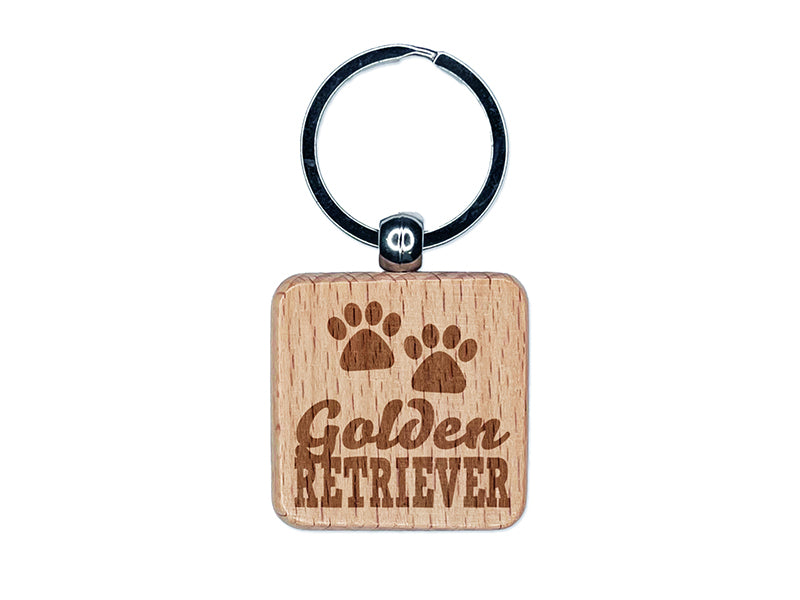 Golden Retriever Dog Paw Prints Fun Text Engraved Wood Square Keychain Tag Charm