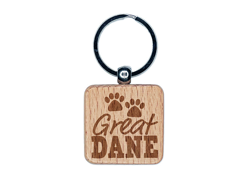 Great Dane Dog Paw Prints Fun Text Engraved Wood Square Keychain Tag Charm