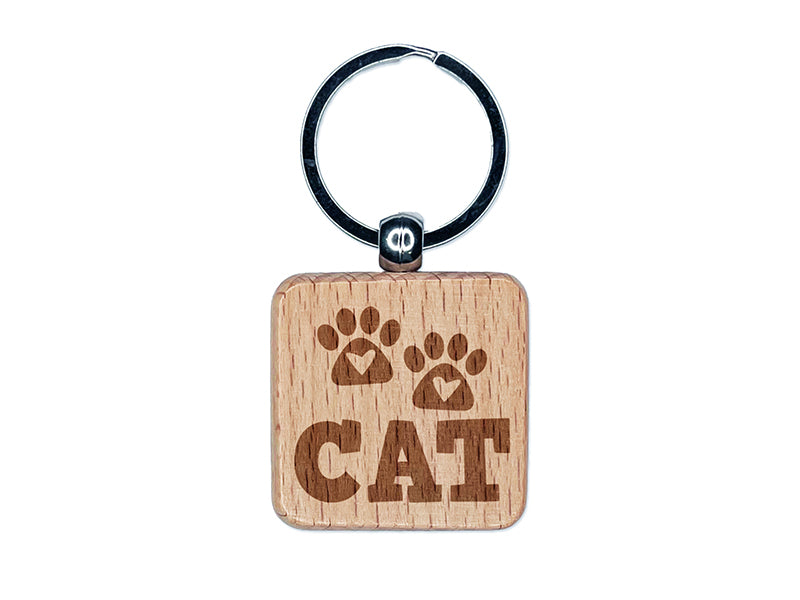 Meow Cat Paw Prints Hearts Love Fun Text Engraved Wood Square Keychain Tag Charm
